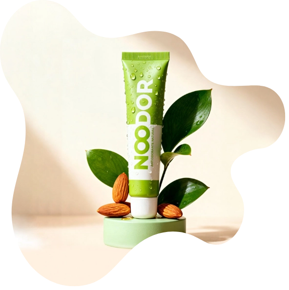 Antiodorante natural Noodor con hojas verdes y almendras, mostrando sus ingredientes vegetales y su fórmula respetuosa con la microbiota.