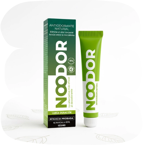 Envase y caja del antiodorante natural Noodor, con claims de larga duración, eficacia probada y respeto por la microbiota.