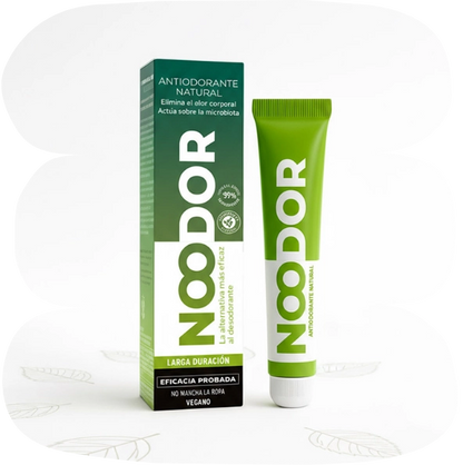 Envase y caja del antiodorante natural Noodor, con claims de larga duración, eficacia probada y respeto por la microbiota.