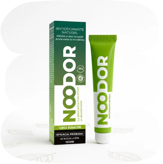 Envase y caja del antiodorante natural Noodor, con claims de larga duración, eficacia probada y respeto por la microbiota.