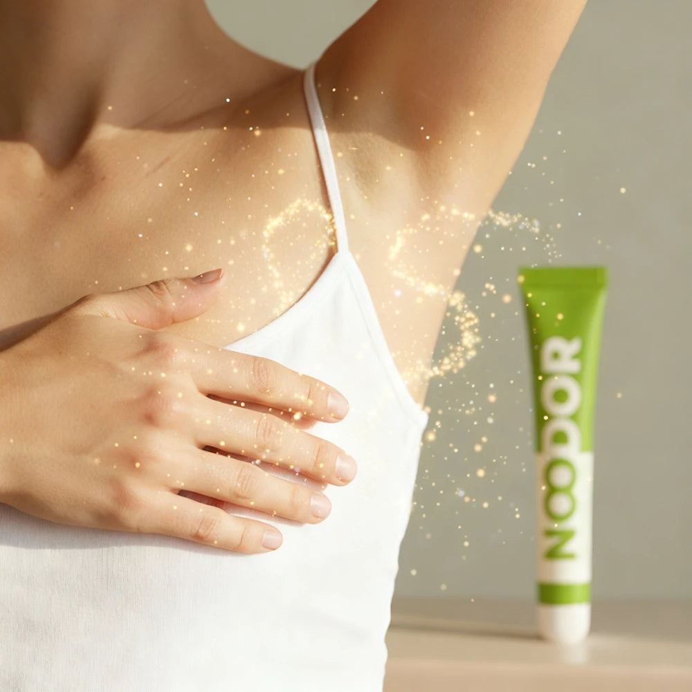 Mujer mostrando su axila con destellos luminosos y el antiodorante natural Noodor al fondo, simbolizando el equilibrio de la microbiota y el cuidado de la piel.